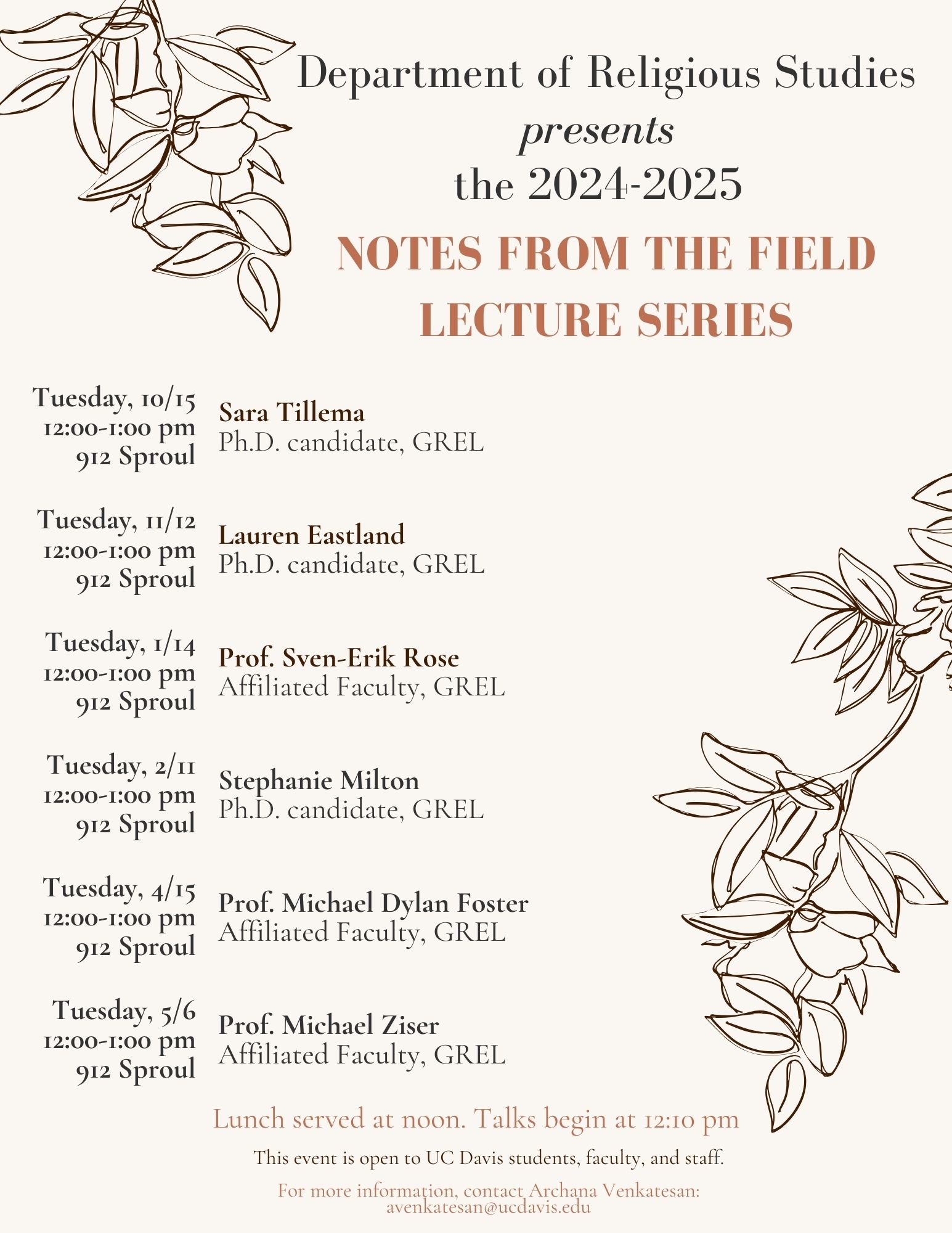 A schedule for upcoming notes from the field lecture series